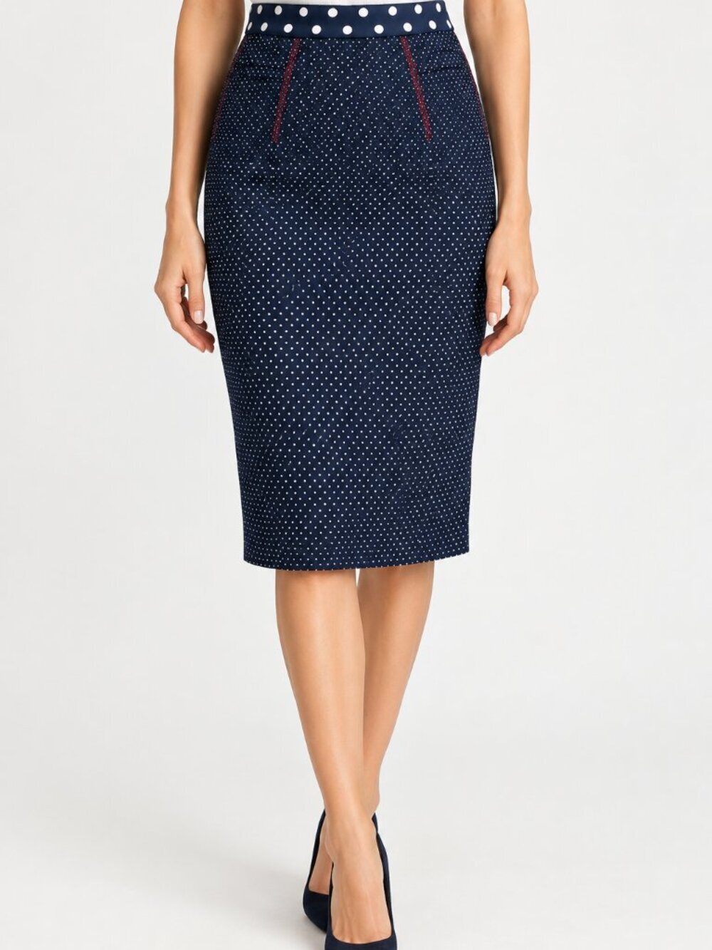 YOANA BARASCHI Women's High Rise Pencil Midi Skirt size 0 Blue White Polka Dot